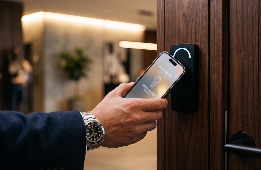 Man tapping smartphone against a smart access sensor to unlock a wooden door with keyless entry.