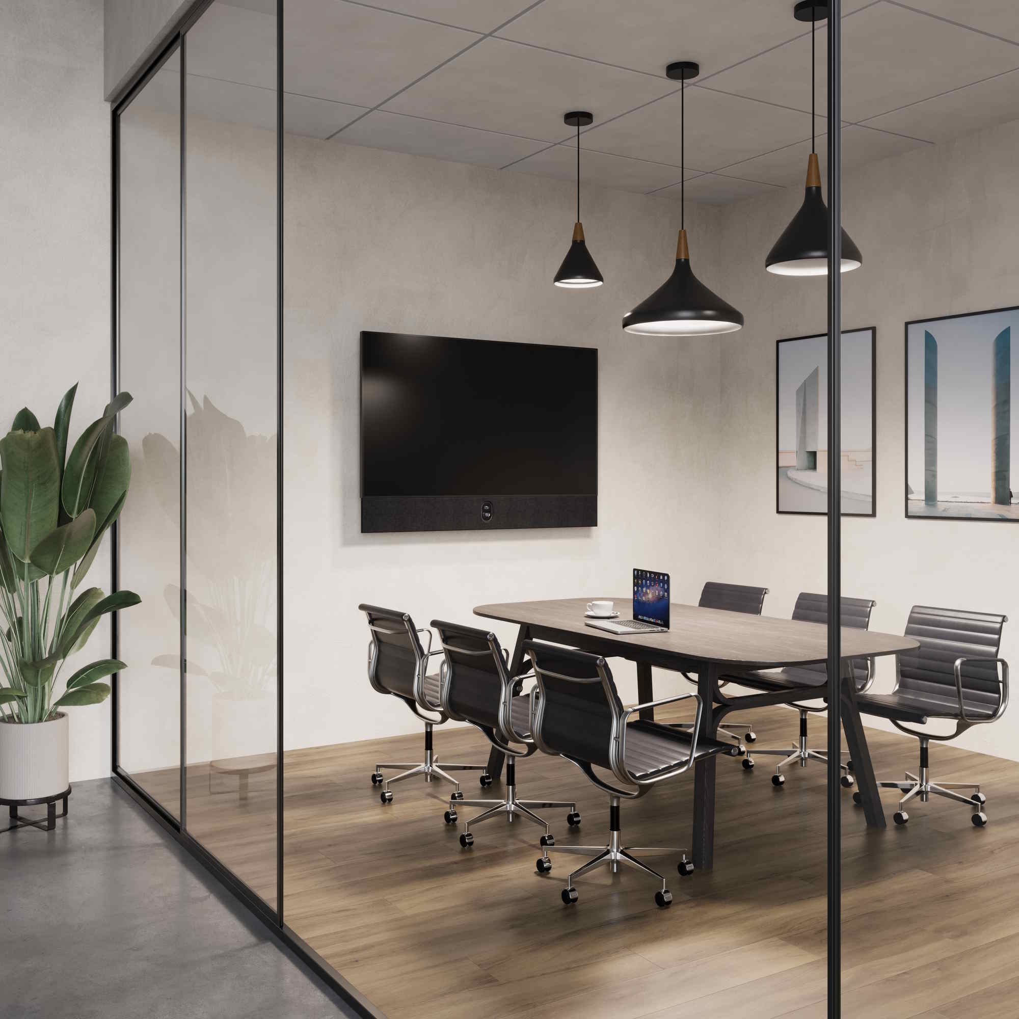 Glass-walled conference room with a wall-mounted display