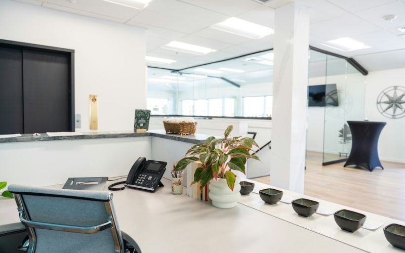 <span class="uk-h4">Modern office reception area with a desk, phone, potted plant, and glass-walled meeting room in a bright open space.</span>