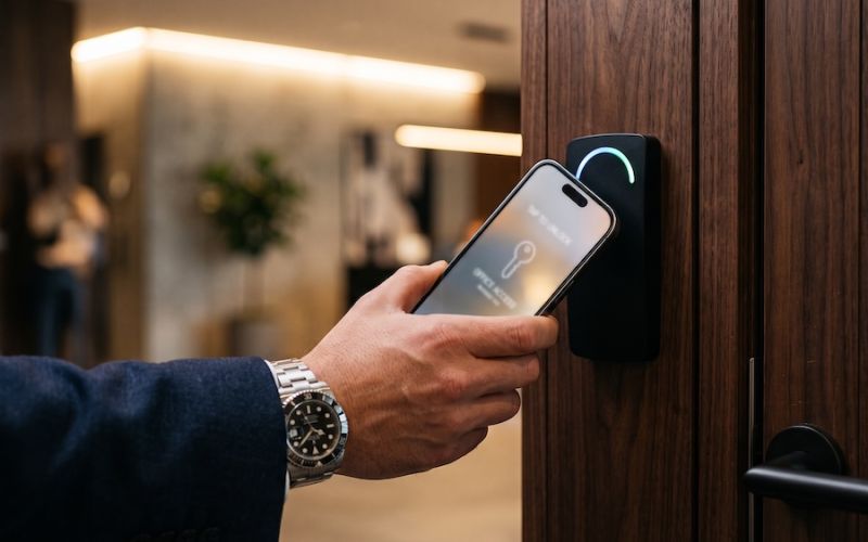 <span class="uk-h4">Man tapping smartphone against a smart access sensor to unlock a wooden door with keyless entry.</span>