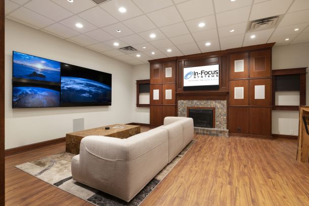 Media room with multi-screen video wall and modern sofa