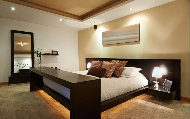 <span class="uk-h4">A bedroom illuminated by various smart lighting fixtures.</span>